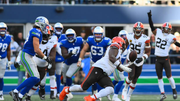 Oct 29, 2023; Seattle, Washington, USA; Cleveland Browns defensive tackle Maurice Hurst II (90) intercepts the ball against the Cleveland Browns during the second half at Lumen Field. Mandatory Credit: Steven Bisig-USA TODAY Sports